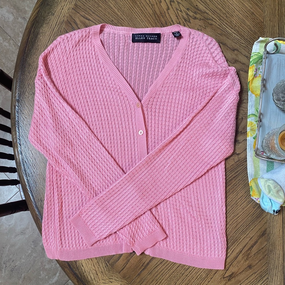 Ellen Tracy Coral Pink Knit V-Neck Cardigan